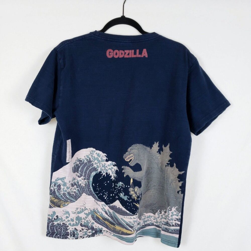 Godzilla Wave T-Shirt Toho Mens L Blue Short Sleeve Heavy Cotton Ukiyo-e